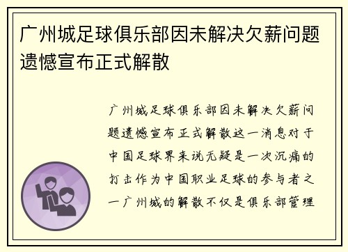 广州城足球俱乐部因未解决欠薪问题遗憾宣布正式解散